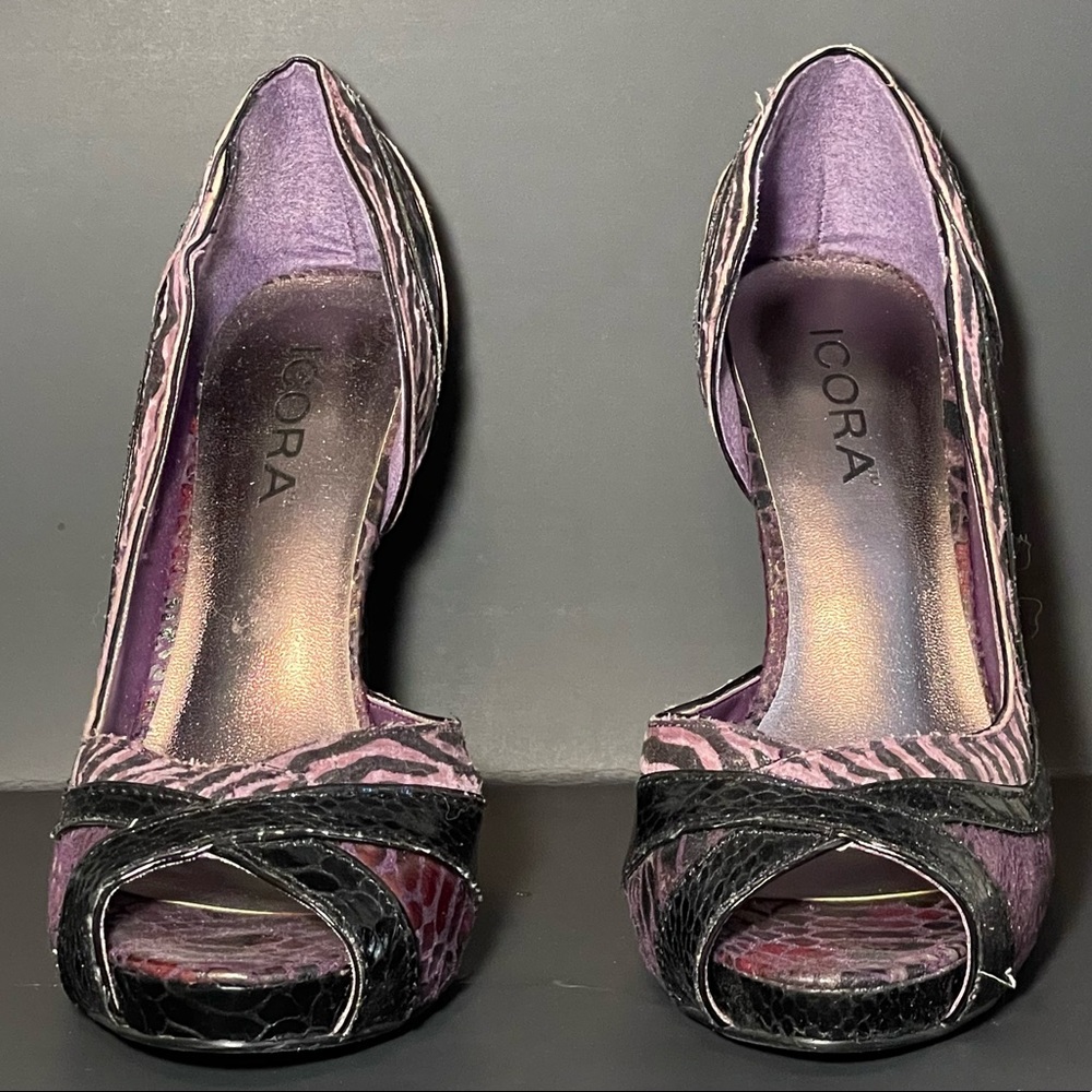 Purple and black peep toe heels